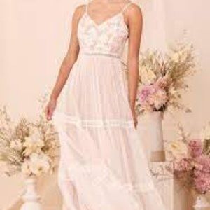 Lulu's Eleanora White Nude Pink Floral Maxi Dress Embroidered Wedding M